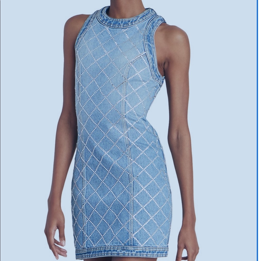 Strass Grid Denim Sleeveless Dress